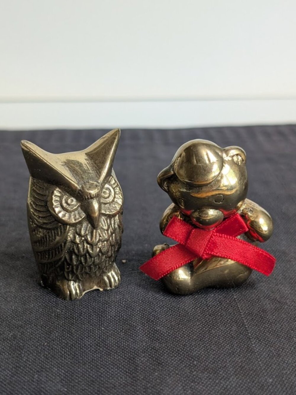 Vintage Small Brass Teddy Bear and Owl Figurine or Paperweight 2" tall